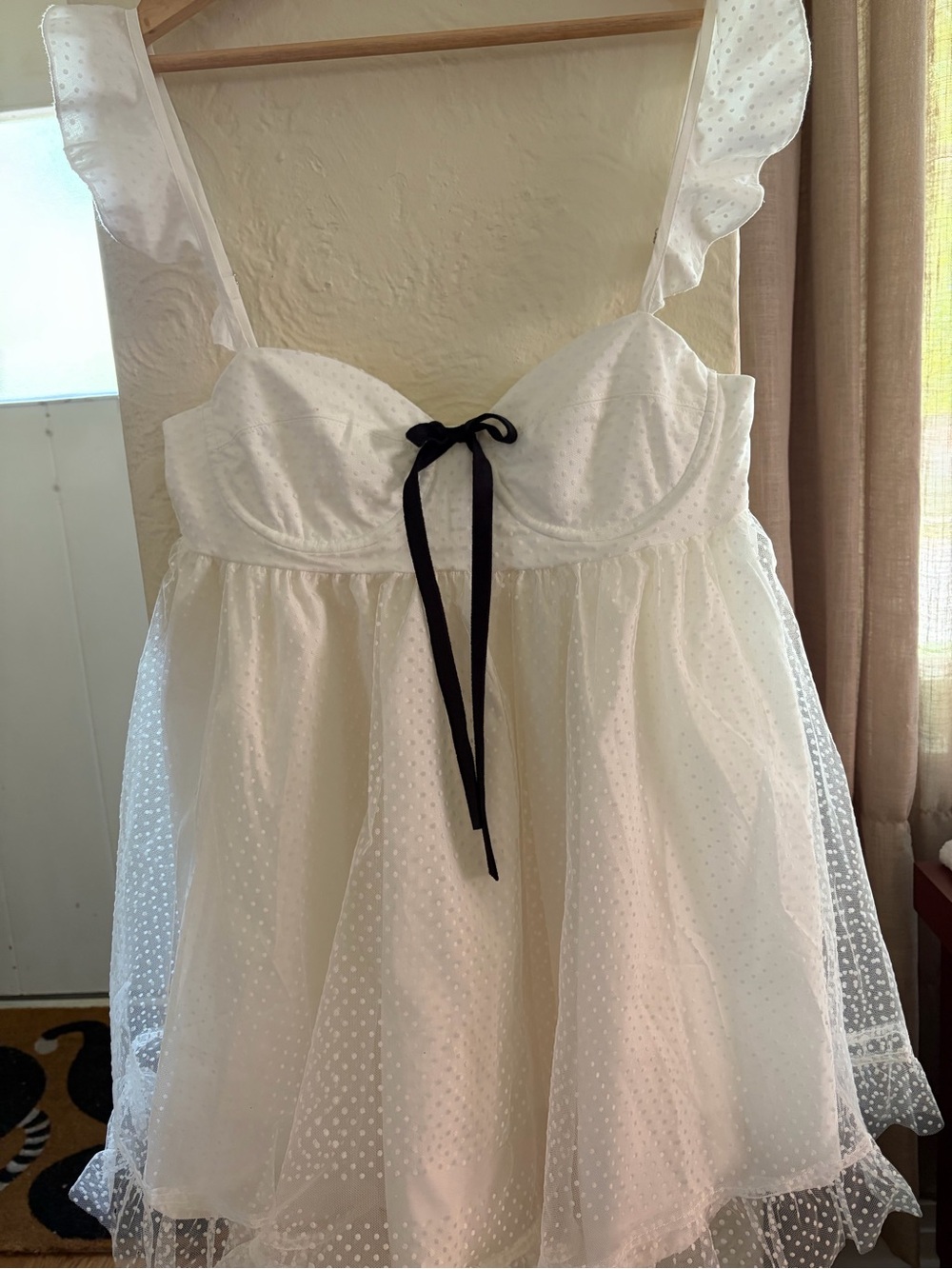 White Dotted Tulle Babydoll Dress with Black Bow